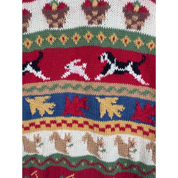 Vintage Susan Bristol Hand Knit Womens Sweater Size 36 Fall Squirrel Dog Leaves - Picture 7 of 11